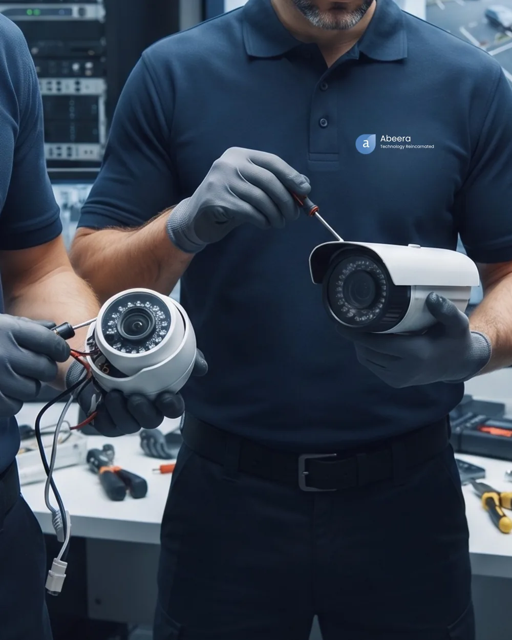Abeera engineers preparing CCTV cameras before a London installation